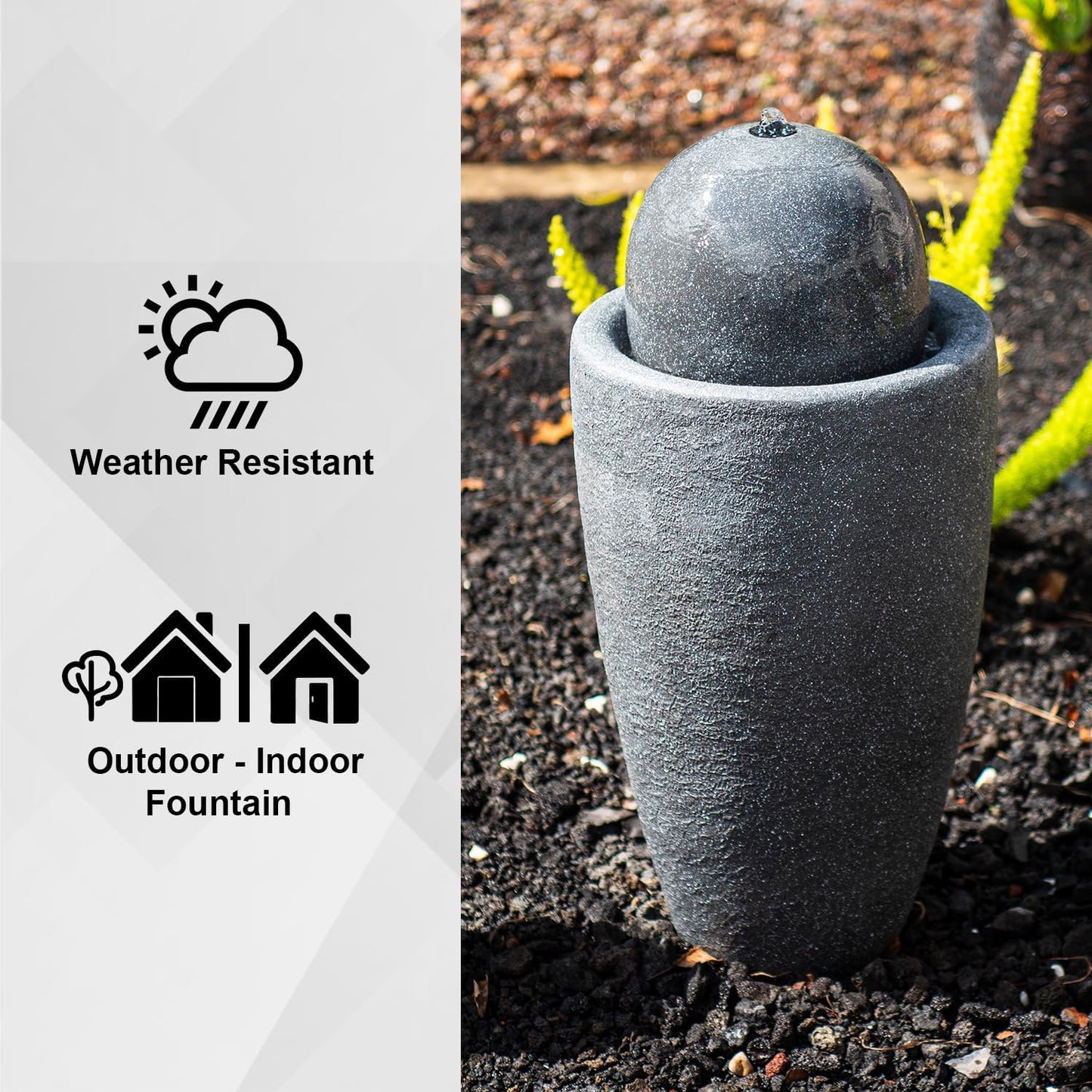 XBrand 25.98" H Round Stone Indoor/Outdoor Modern Stone Textured Sphere Water Fountain w/LED Lights, Gray