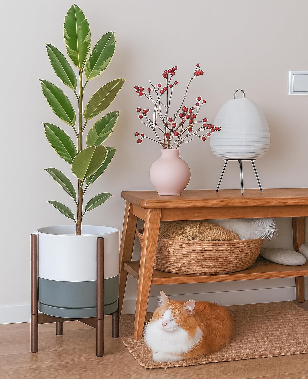 D'vine Dev Ceramic Planter with Walnut Color Stand - 12 Inch Modern Round Flower Pot with Wood Planter Holder, White/Grey, 55-B-W-6