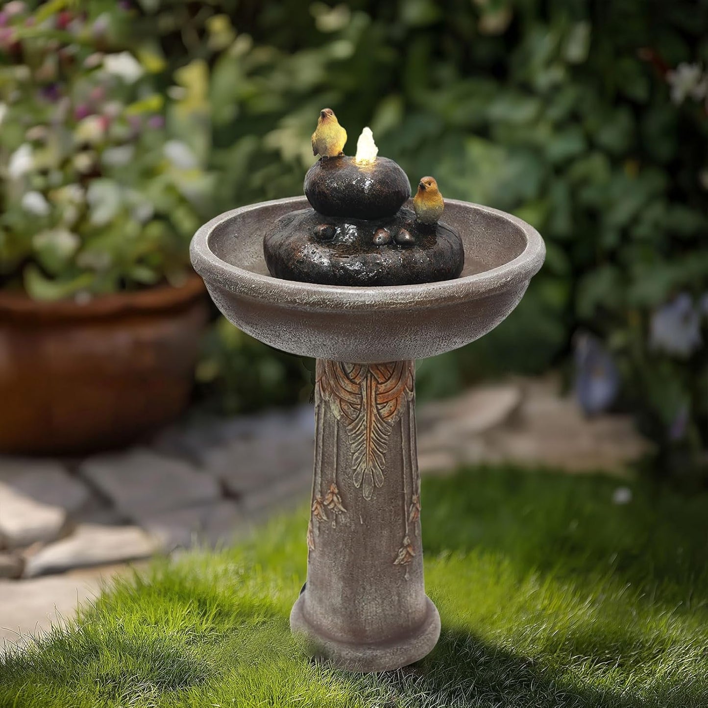 G-LEAF Outdoor Garden Bird Bath Fountain with LED Lights, Freestanding Waterfall Birdbath Garden Water Fountain for Backyard, Patio