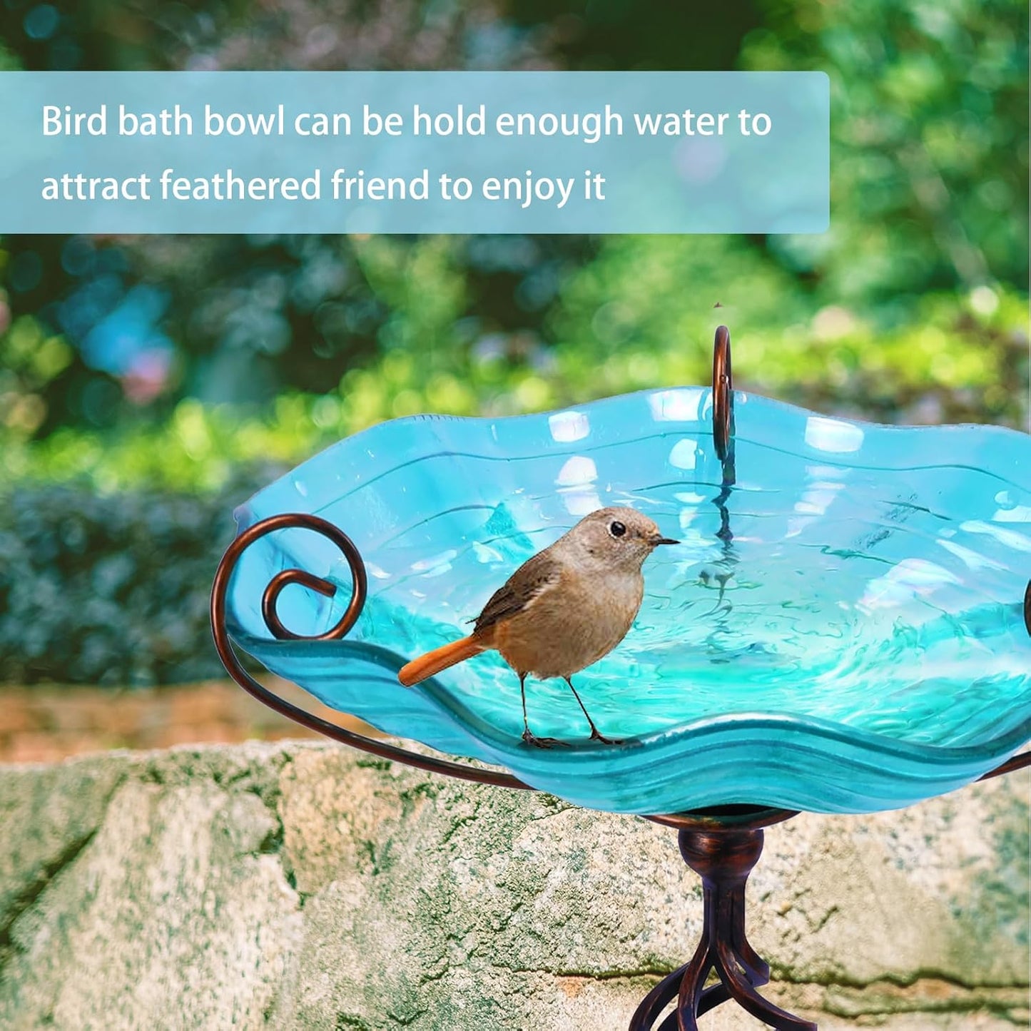 MUMTOP 31 Inch Height Glass Birdbaths, Outdoor Bird Bath Birdfeeder with Metal Stake Garden Yard Outside, Blue