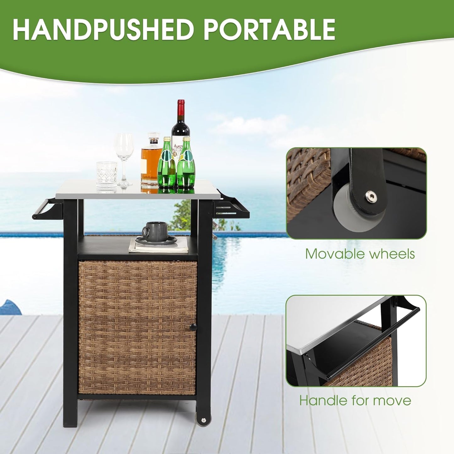 HOMEFUN Kitchen Island Cart Wicker Grill Prep Station & Stainless Steel Outdoor Serving Bar Table with Hooks Wheels Poolside Patio Grassland (Small)