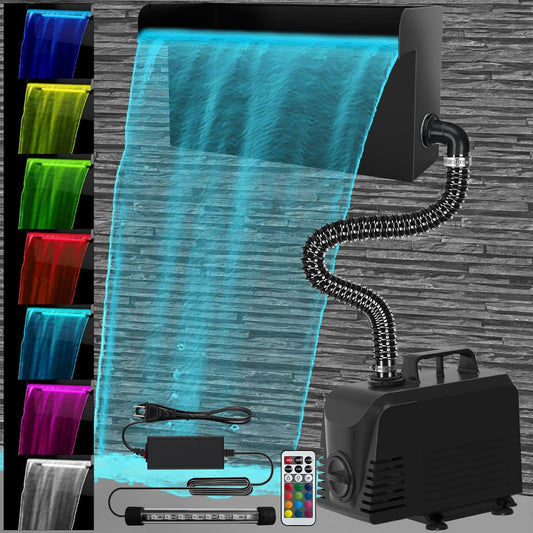 AquaMiracle All-in-1 Pond Waterfall Kit with LED Lights, 12" Stainless Steel Spillway with 660GPH Water Pump, Lighted Waterfall Fountain Outdoor for Water Garden, Backyard, Pool