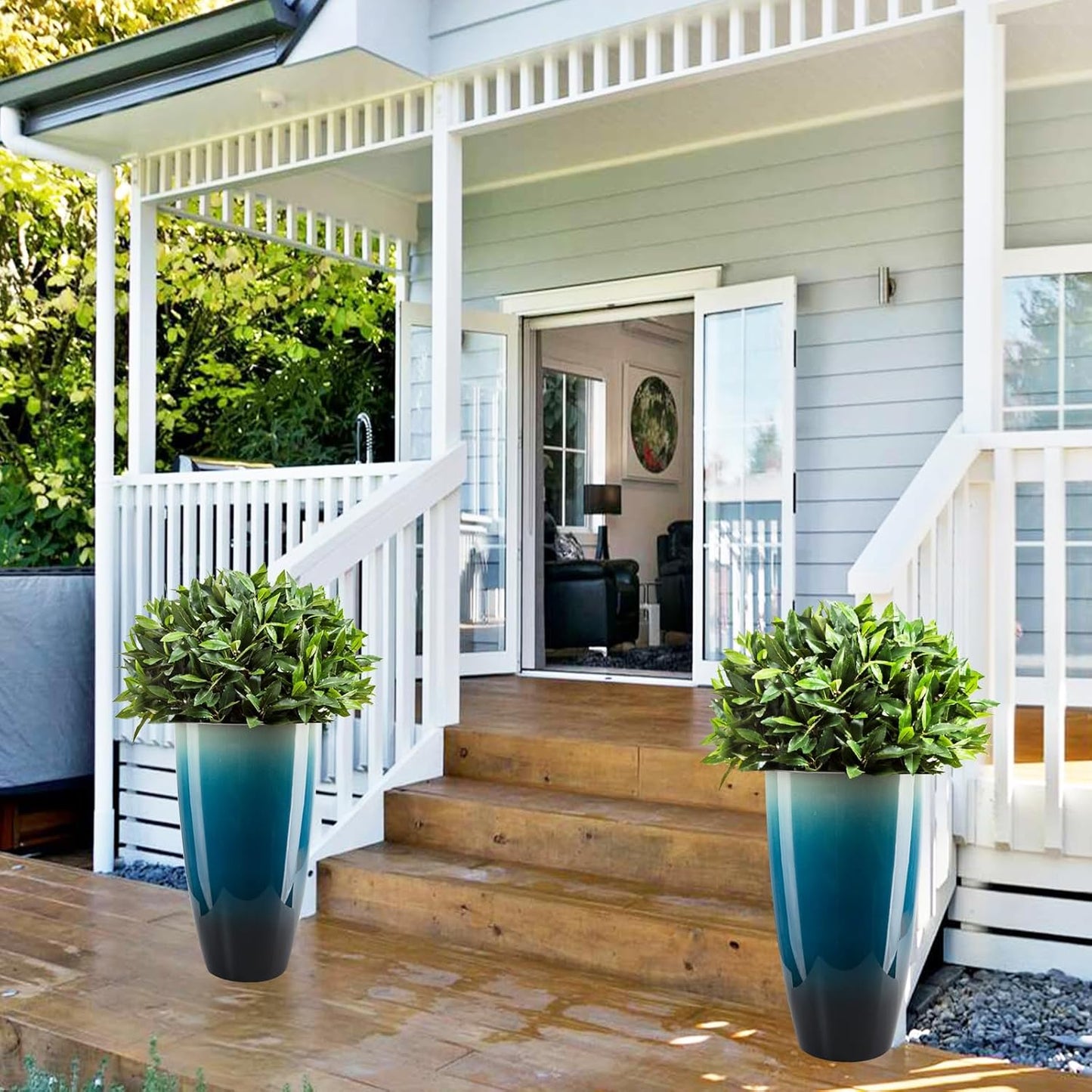 21 inch Tall Planter, Set of 2 Tall Indoor Outdoor Planters for Porch Large Planter Pot with Drainage Hole for Home Garden Front Door (Gradient Blue)