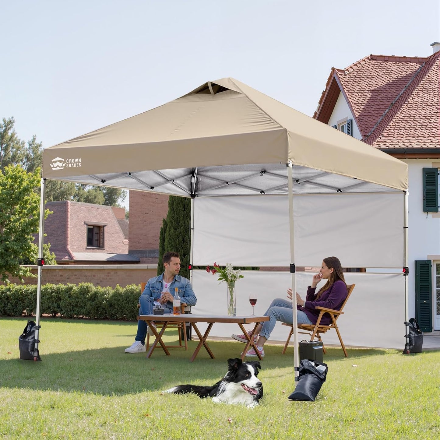 CROWN SHADES 10x10 Pop up Canopy Tent Instant Canopy with 150D Silver Coated Fabric Including 2 Half Sidewalls, 4 Ropes, 8 Stakes, 4 Weight Bags, STO 'N Go Bag, Beige
