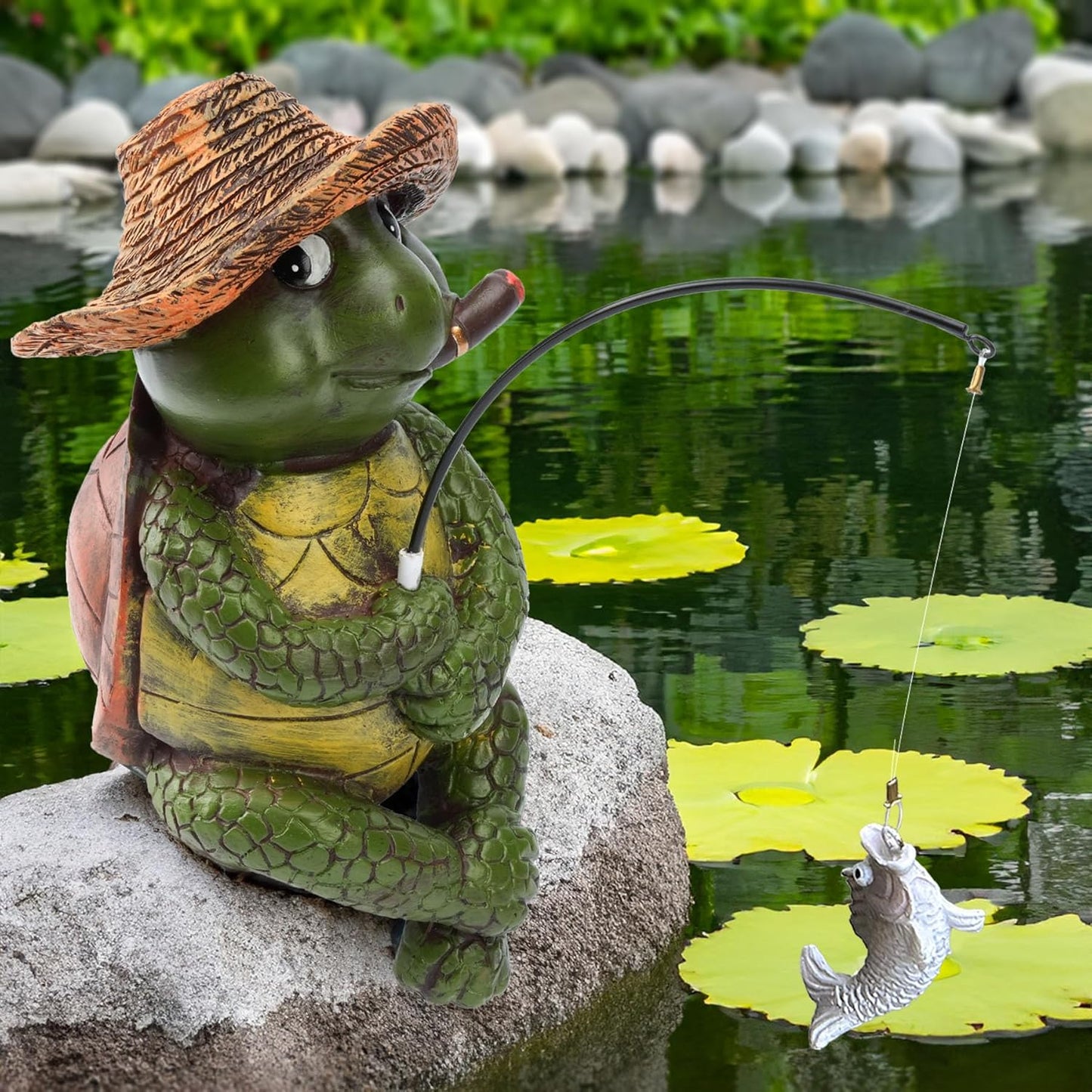 9.5" Turtle Fishing Statues- Whimsical Stone Look Lawn Yard Art, Funny Garden Pond Fisherman Sculpture, Resin Animal Decor, Ideal for Garden Enthusiasts & Turtle Fishing Lovers