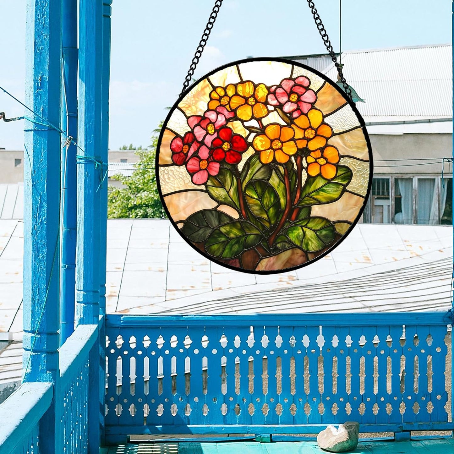 Stained Glass Window Hanging, Yellow Red Flowers Sun Catcher for Window Door Home Decor Green Plant Suncatcher Christmas Mother's Day Birthday Gifts for Women Men Mom and Nana 15 in