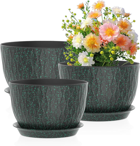 12/10/9 inch Large Plant Pots, 3 Pack Wide Flower Pots for Outdoor Indoor Plants, Water Ripples Plastic Planters with Drainage Holes and Saucers for Garden Hourse, Black with Green Speckles
