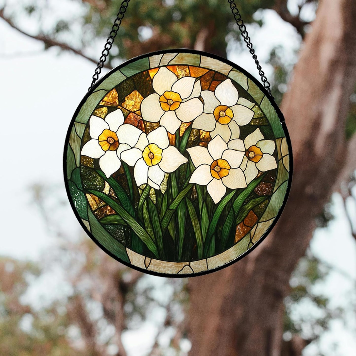 Stained Glass Window Hanging, White Lily Suncatcher for Door Garden Patio Birth Flower Green Plant Sun Catchers Decor Christmas Mother's Day Birthday Gifts for Women Mom Nana Friend 11.8 in
