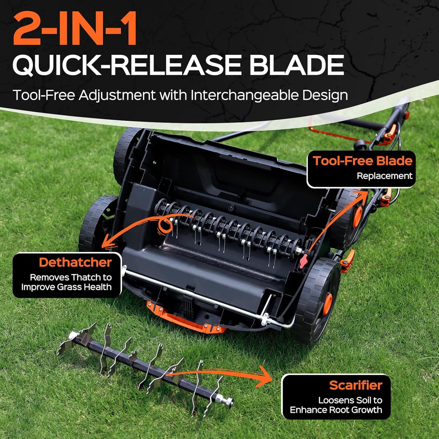2025 Upgrade 16-Inch 15.5 Amp 2-in-1 Electric Dethatcher and Scarifier with 14.5-Gallon Collection Bag, Lawn Dethatcher with 5-Position Depth Adjustment, Keeps Lawn Healthy – Bright Orange