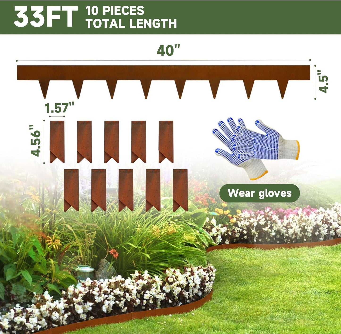 Corten Steel Landscape Edging-4.5" H X 40" L Metal Garden Edging-33FT-Landscape Lawn Edging 10 Pcs-No-Dig Hammer Heavy Duty Steel Edging-Bendable Border Strips for Lawn Yard GJWCVL-10 Clips