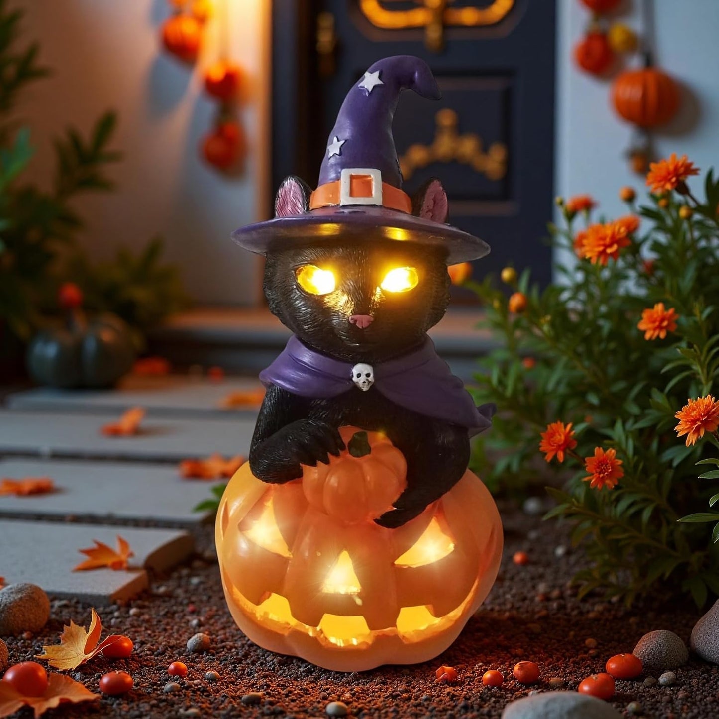 Halloween Decorations Solar Spooky Lights Outdoor Black Cat Pumpkin Figurine Light Garden Statue Decor for Outside Patio Front Porch Yard, Home Decor Gifts for Halloween, Christmas