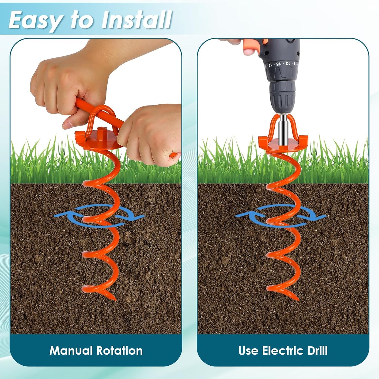 FEED GARDEN 12.2 Inch Spiral Ground Anchors Heavy Duty Screw in Spiral Stakes, 4 Pack Folding Ring Ground Stakes for Securing Dogs,Tents, Trampolines, Canopies, Swing Sets,Orange