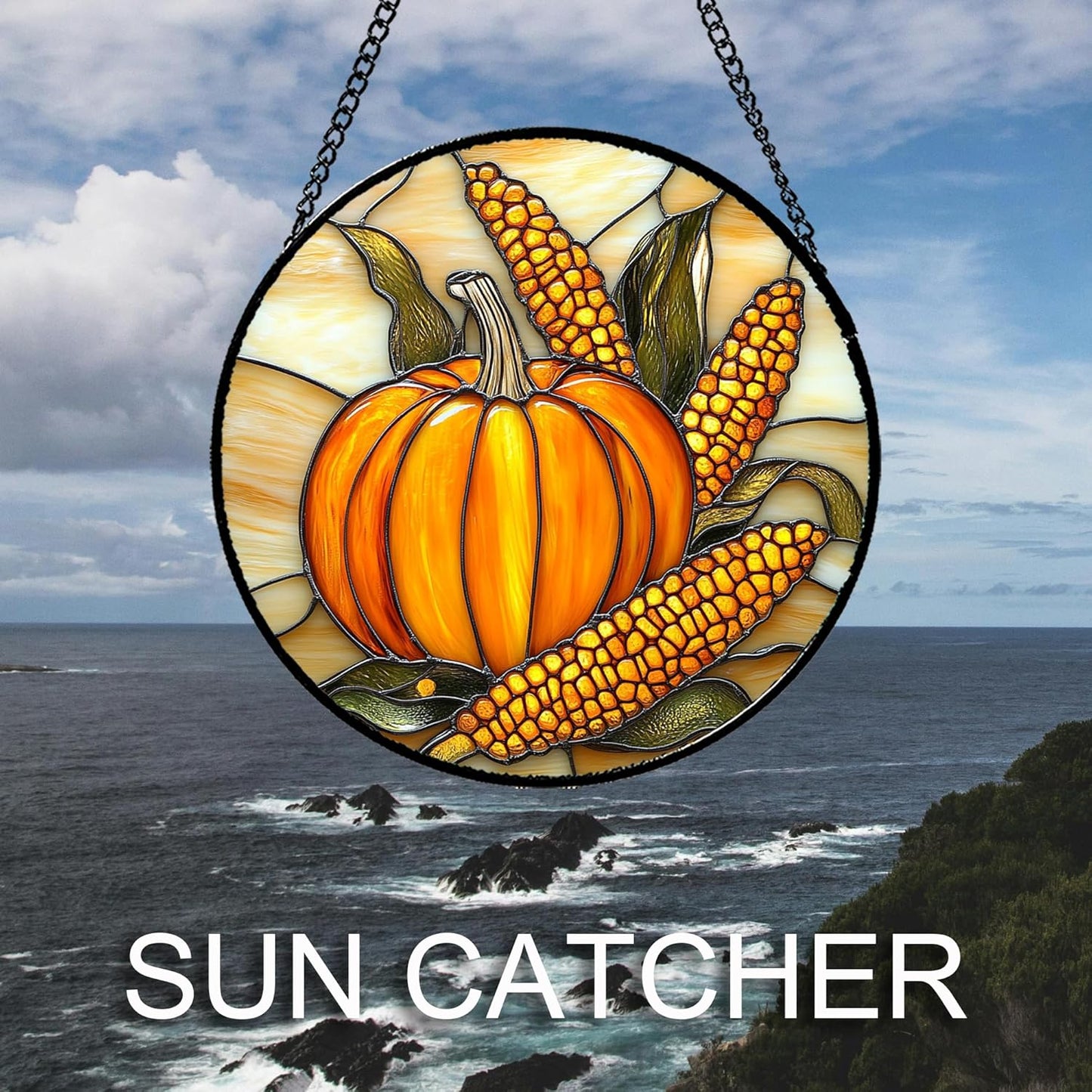 Stained Glass Window Hanging Autumn Harvest Pumpkin Corn Large 15" - Suncatcher Door Garden Kitchen Sunroom Sun Catcher Fall Home Decor Birthday for Mom Grandma Men Woman
