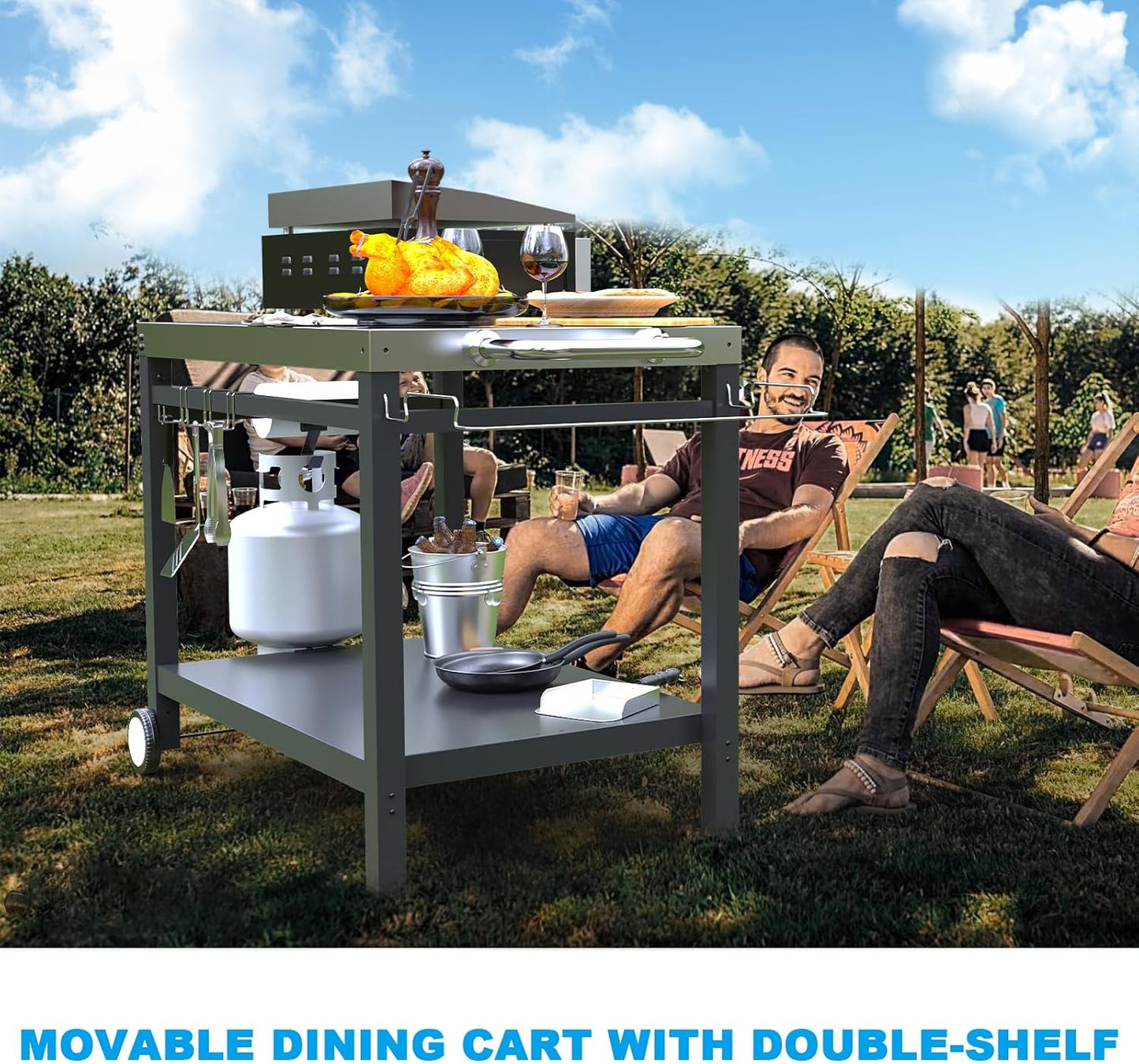 LS'BABQ Outdoor Grill Table Cart, Pizza Oven Stand, BBQ Prep Table with Trash Bag Holder Wheels & Hooks, Double-Shelf Movable Food Prep and Work Stand, Stainless Steel Flattop Grill Cart