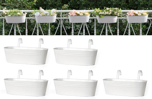 Dahey 5 Pcs Metal Iron Hanging Flower Pots for Railing Fence 15.7 Inch Hanging Bucket Pots Countryside Style Window Flower Plant Holder with Detachable Hooks for Garden Yard Home Decor, White