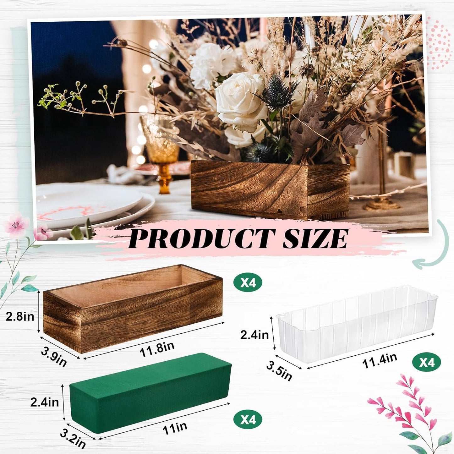 Dandat 4 Set Wood Boxes for Centerpieces 12x4 Inch Rectangle Wooden Planter Box Rustic Wood Planter with Removable Plastic Liner Floral Foam Blocks for Centerpieces Home Wedding Garden Decor