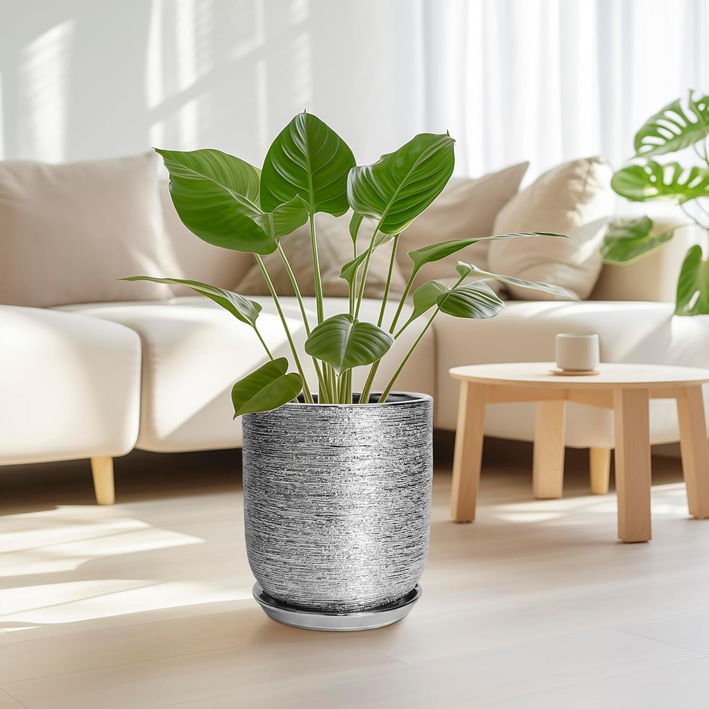 10 Inch Plant Pot - Ceramic Planter for Indoor Outdoor Flowers, Cylinder Modern Flower Pot with Drainage Hole and Saucer, Gifts for Plants Lovers, Home Garden Office House Decor, Silver
