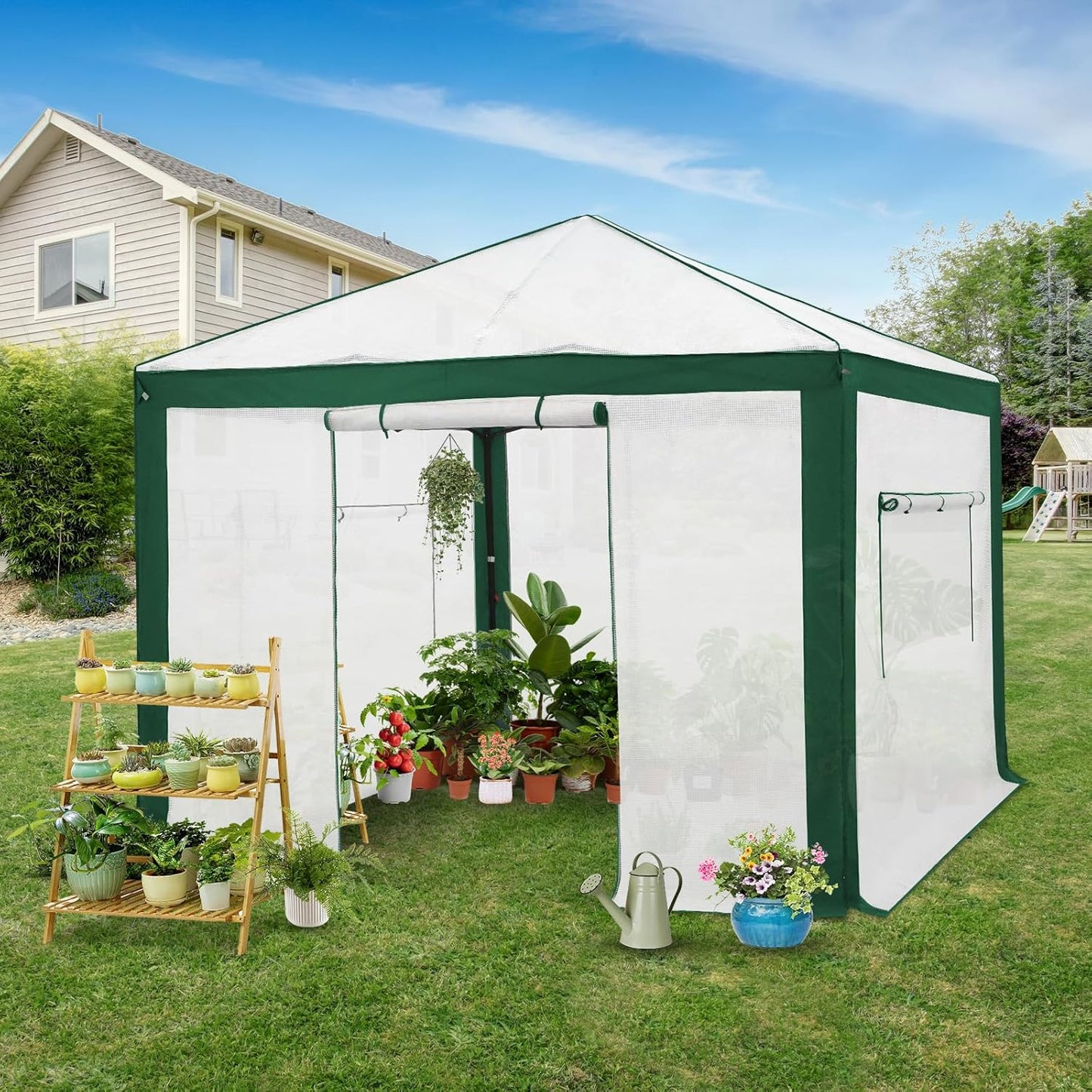 EAGLE PEAK 10x10 Portable Walk in Greenhouse with Polyester Reinforced Corners, Instant Pop up Indoor Outdoor Gardening Green House, Roll Up Zipper Entry Doors and Mesh Windows, Green/White