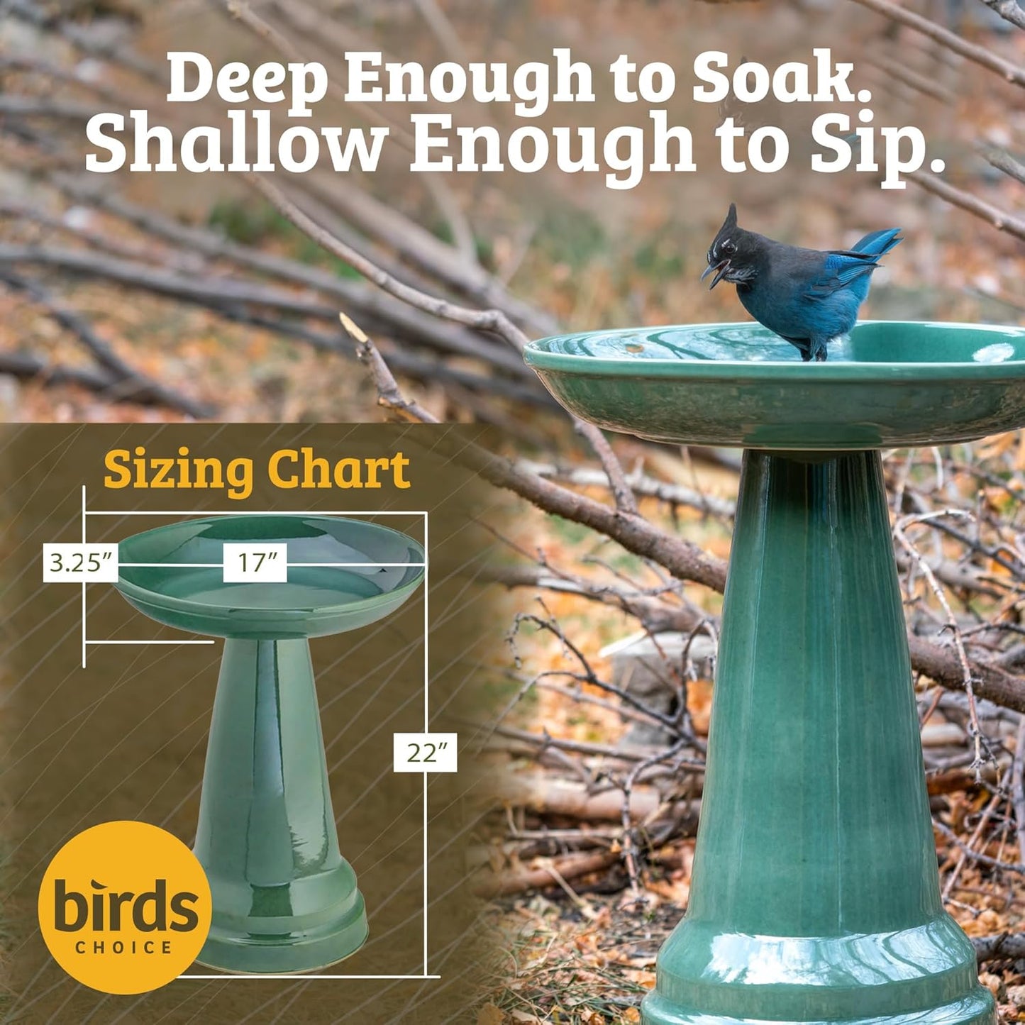 Birds Choice Ohio Stoneware Bird Bath | Pedestal Bird Bath, Stable Locking Top | Weather-Resistant Ceramic Clay, Glazed Finish | Outdoor Garden & Patio Decor | 22" H x 17" D, Burgundy