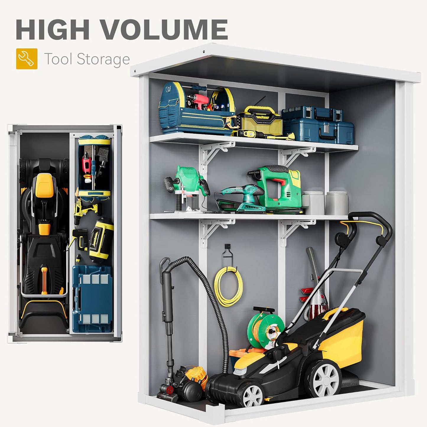 DWVO Outdoor Vertical Storage Shed with 2 Shelves, 49 Cu Ft Waterproof Resin Garden Shed with Floor & Lockable Door, Plastic Tall Tool Cabinet for Garbage Cans, Lawn Equipment, Garden Supplies (Gray)