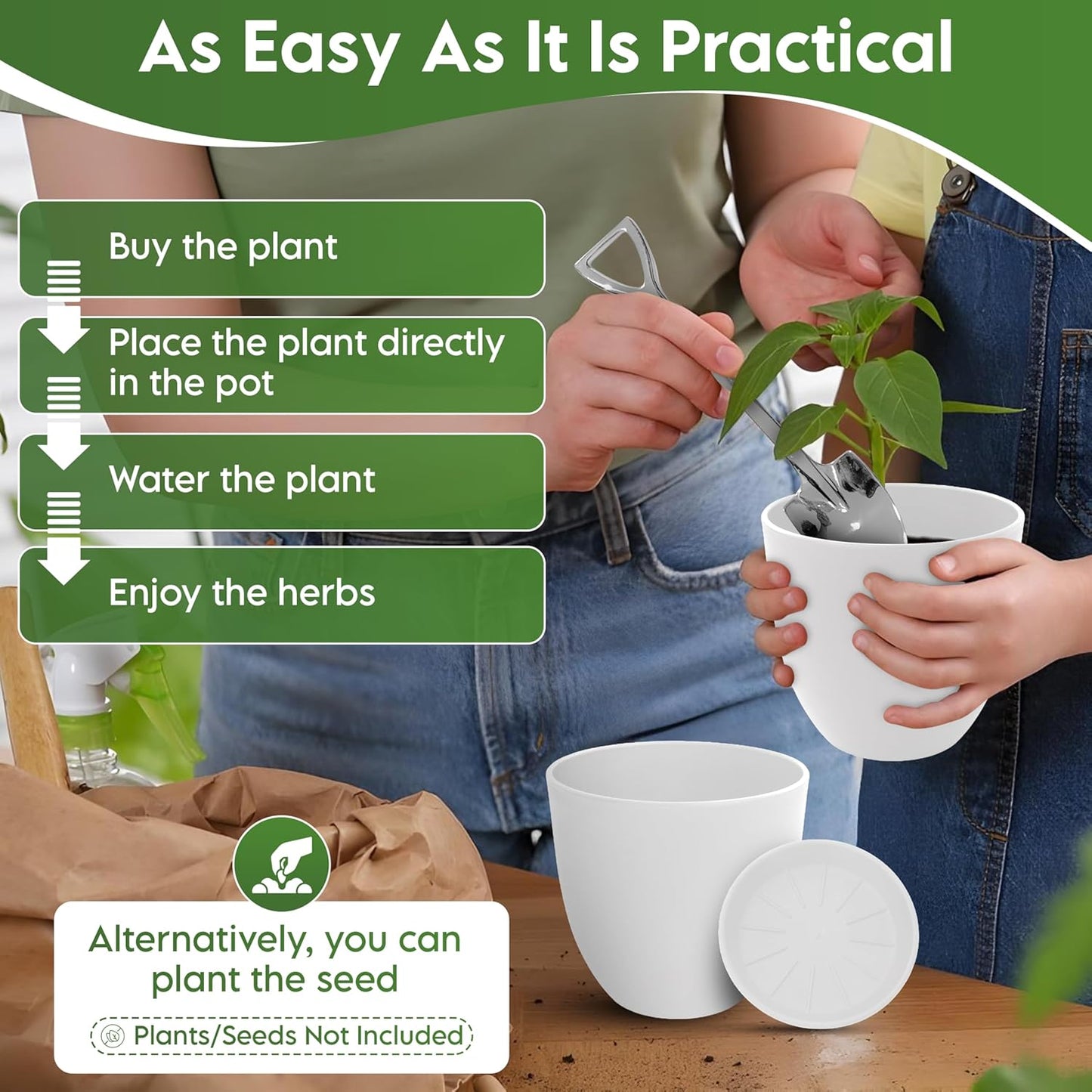 Indoor Garden Kit - Plant Pots with Drainage, Watering Can & Tools - Ideal Windowsill Planter Set - Modern Home & Kitchen Decor Gift - White