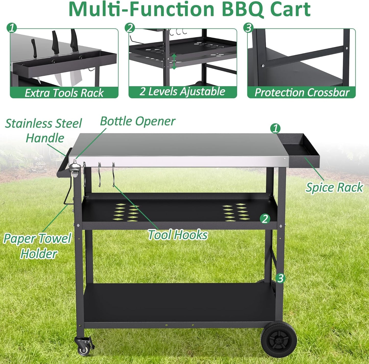 Spurgehom Outdoor Grill Cart, Pizza Oven Stand Table with Wheels Dining Cart for Outside Patio, Movable Kitchen Cooking Prep Table BBQ Cart with Mesh Racks for Home Party, Bar, Camping