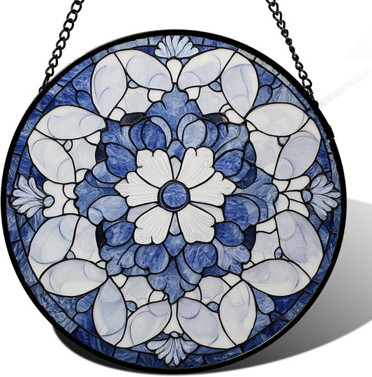 Stained Glass Window Hanging - Blue White Floral Pattern Suncatcher for Doors Garden Retro Sun Catchers Decor Christmas Mother's Day Birthday Gifts for Women Men Mom Nana Friend Girl 7.8 in