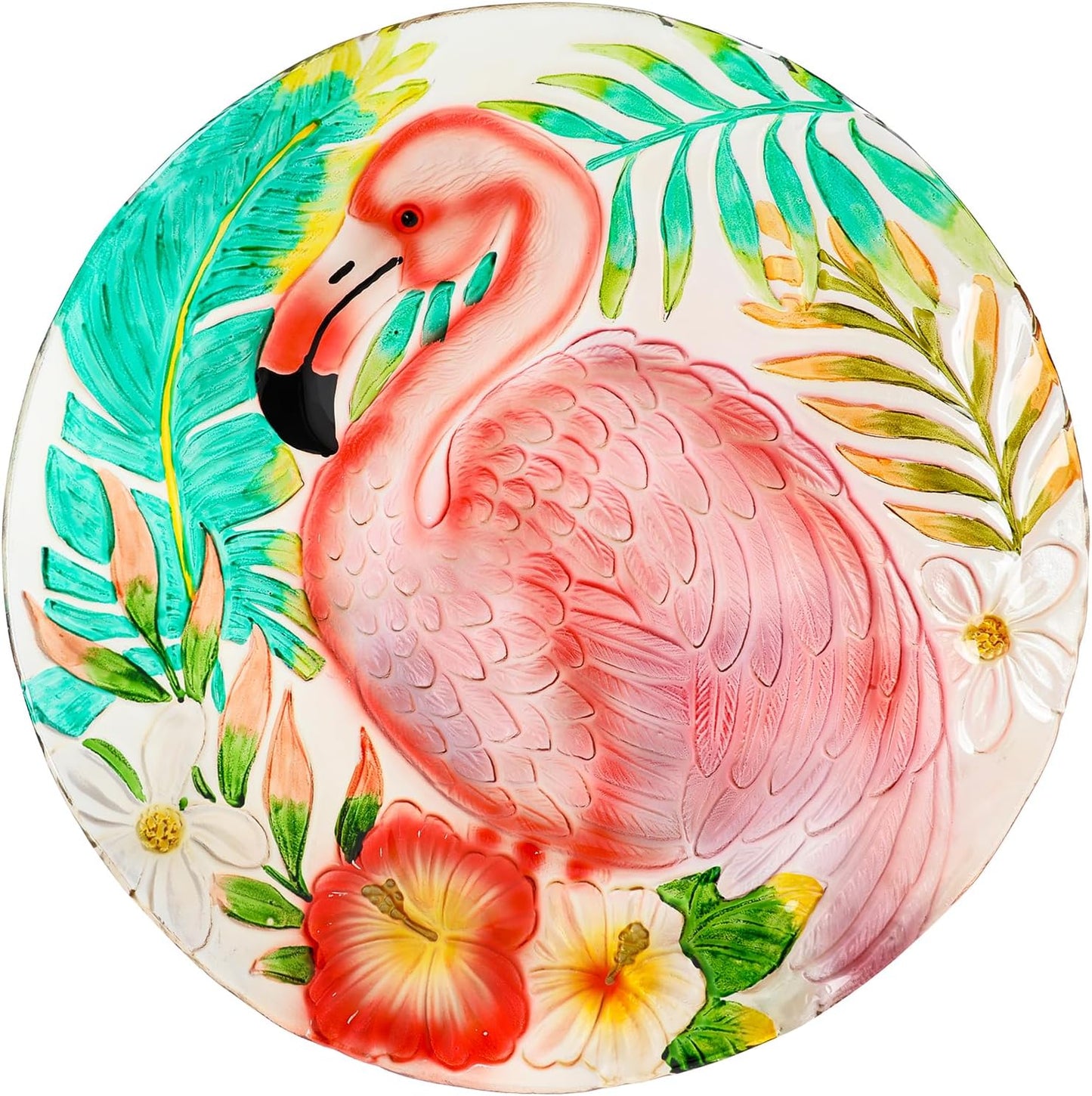 MUMTOP Outdoor Glass Birdbath with Metal Stand for Outside Yard Garden Decor, 18 inch Diameter Flamingo Bird Baths Bowl for Outdoors, 21.65 inch Height