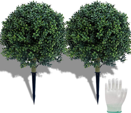 23.6 Inches Set of 2 Artificial Boxwood Topiary Ball Tree with Ground Spike, Faux Bushes UV Resistant Faux Greenery Shrubs, Fake Boxwood Plants for Indoor, Front Porch Decor, Garden, Yard
