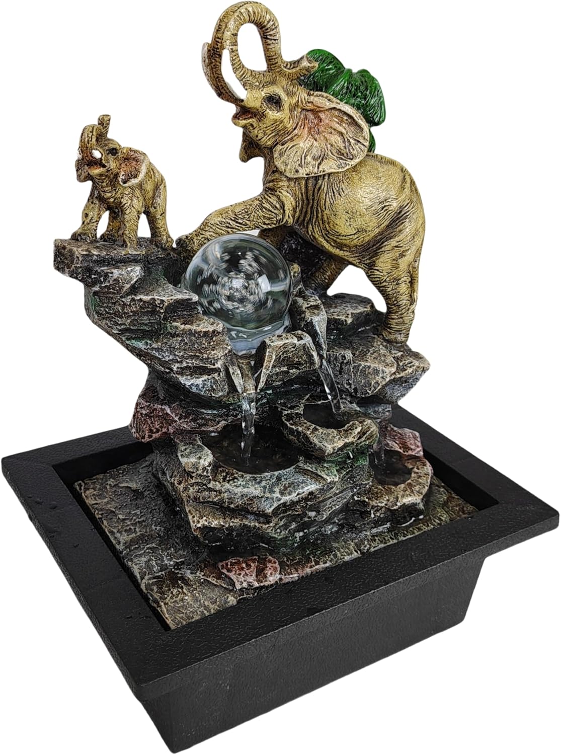 Decorative Elephant Cascade Tabletop Fountain with LED Globe, 3-Tier Design, A Quiet and Soothing Indoor Desktop Fountain