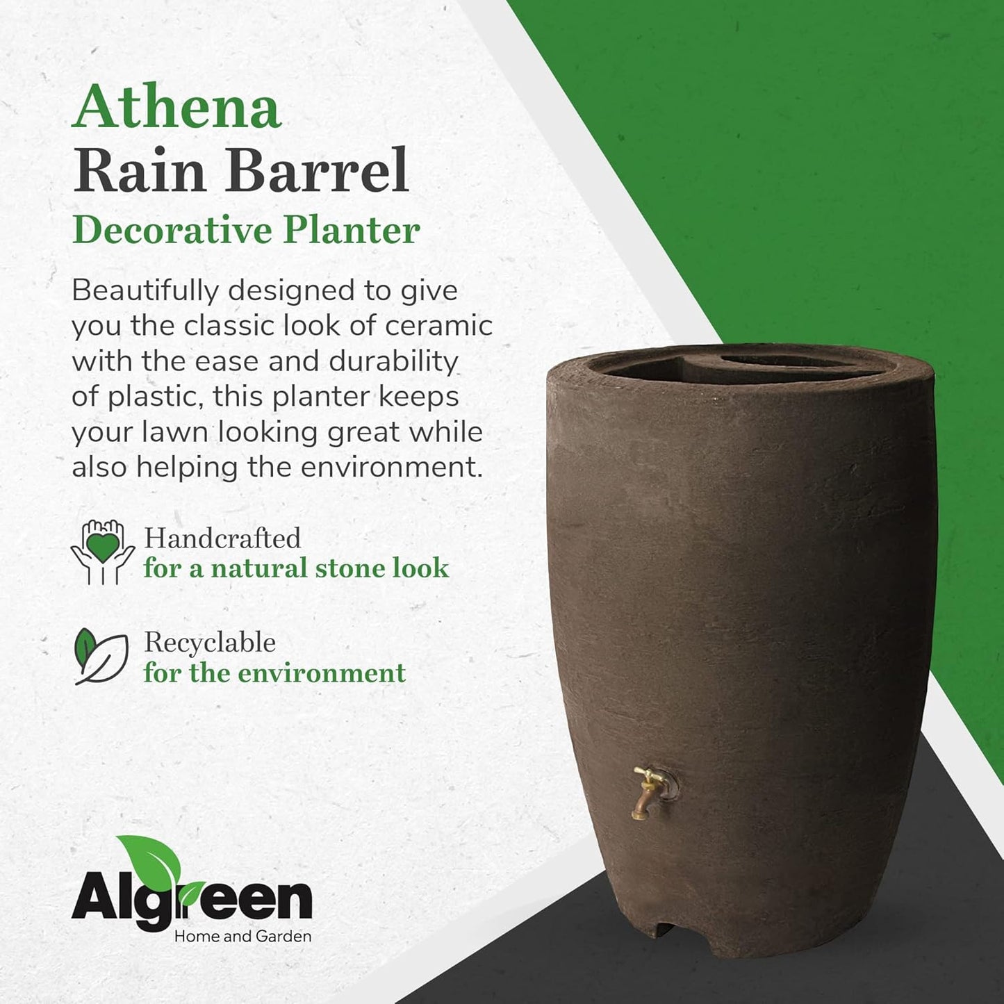 Algreen Athena 50 Gallon Plastic Outdoor Rain Barrel with Brass Spigot, Screen Guard for Rain Water Collection and Storage, Brown (2 Pack)