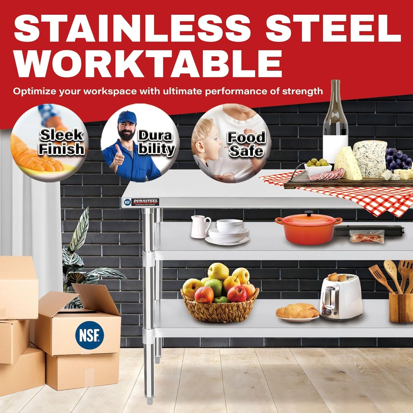 DuraSteel Food Prep Stainless Steel Table - 30 x 48 Inch Commercial Metal Workbench with Adjustable Under Shelf - NSF Certified - for Restaurant, Warehouse, Home, Kitchen, Garage
