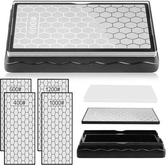 Double-Sided Diamond Sharpening Stone, Kalolary Knife Sharpener Stone Diamond Plate Stone with Non-slip Base & Replaceable Grit Plate for Knives Outdoor Camp Kitchen Sharpen Tool (400/1000# 600/1200#)