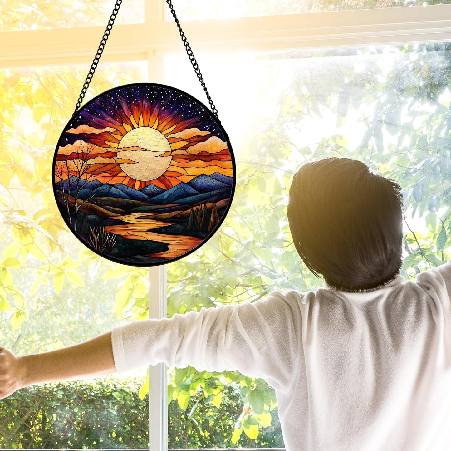Stained Glass Window Hanging, The Sun Shines Brightly on Lake Sun Catchers Colorful Glass Panel Suncatcher Decor for Birthday for Women, Men, Wife, Lovers, and Mom 11.8x11.8 in