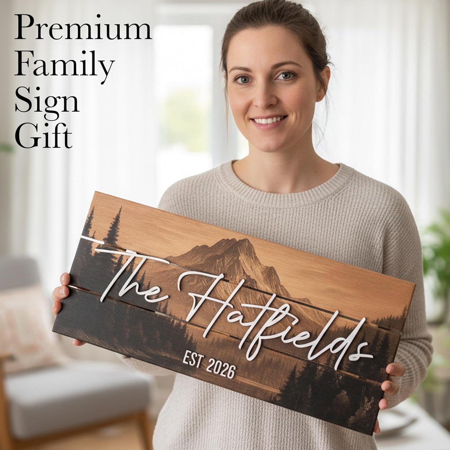 Custom Mountain Family Name Sign - Rustic Wood Wall Decor, Personalized Wedding & Gift for Couples Anniversary, Housewarming Gift for New Home