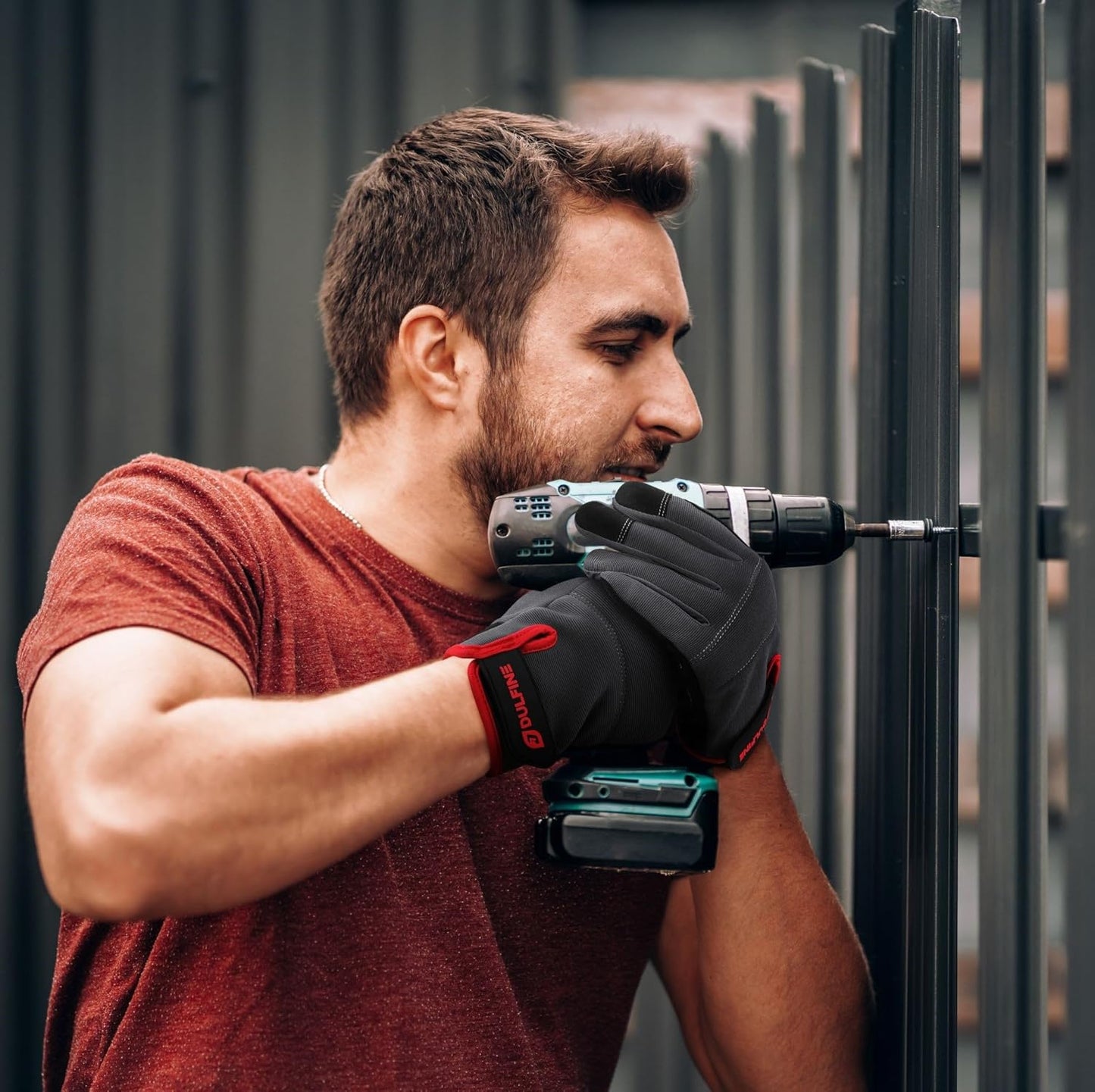 DULFINE Flex Grip Mechanic Work Gloves for Men,Black and Red Utility Safety Working Gloves Touch Screen,Excellent Grip,Ideal for Working on Cars and Outdoor Jobs(Large)