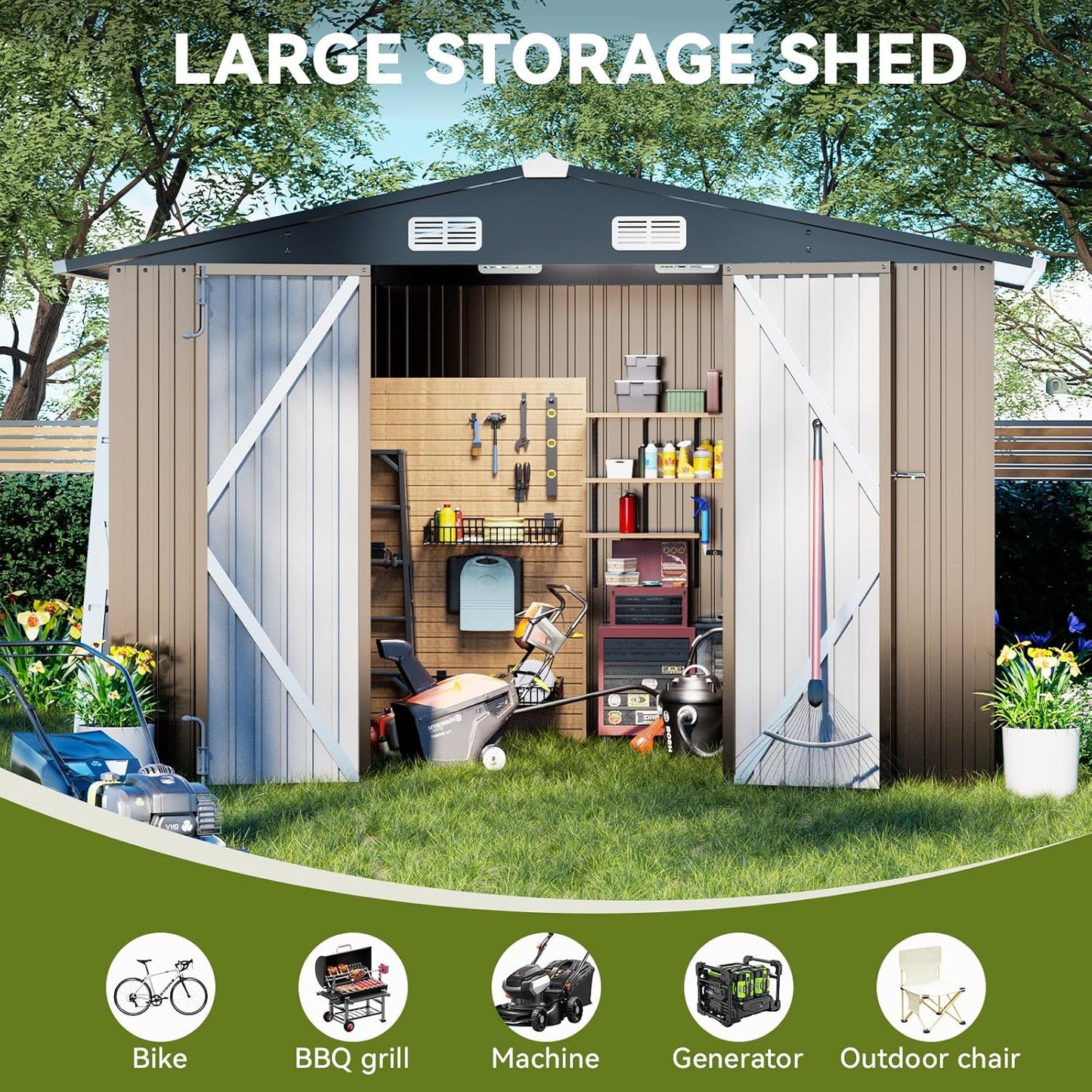 COMHOMA Shed Outdoor Storage Shed Metal,Lockable Doors Tool Sheds with Sloping Roof,Steel Garden Shed with Air Vent for Backyard,Patio,Lawn,Poolside (Brown, 10'*12')