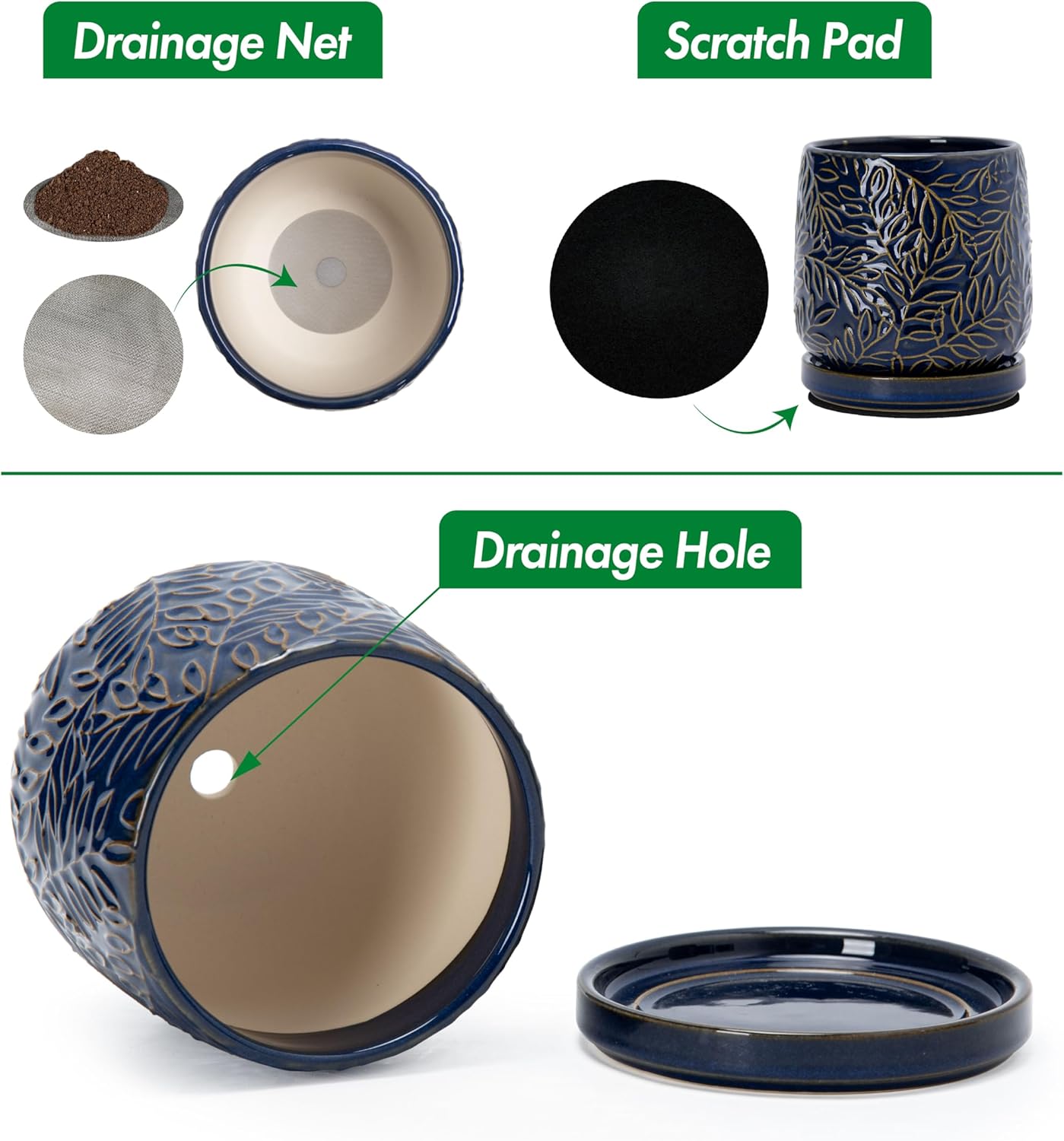 D'vine Dev 4 Inch Embossed Leaves Stoneware Planter Pot with Drainage Hole and Saucer, Midnight Blue, Set of 2, 27-F-Z-3