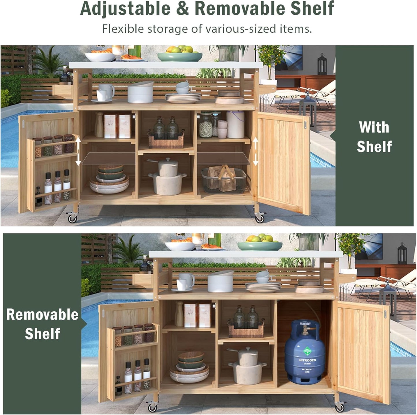 Outdoor Grill Carts for Patio Graden BBQ with Storage Cabinet, Home Rolling Kitchen Island Bar Cart with Stainless Steel Top, Food Prep Table with Shelves, Spice Rack & Towel Holder (Natural)