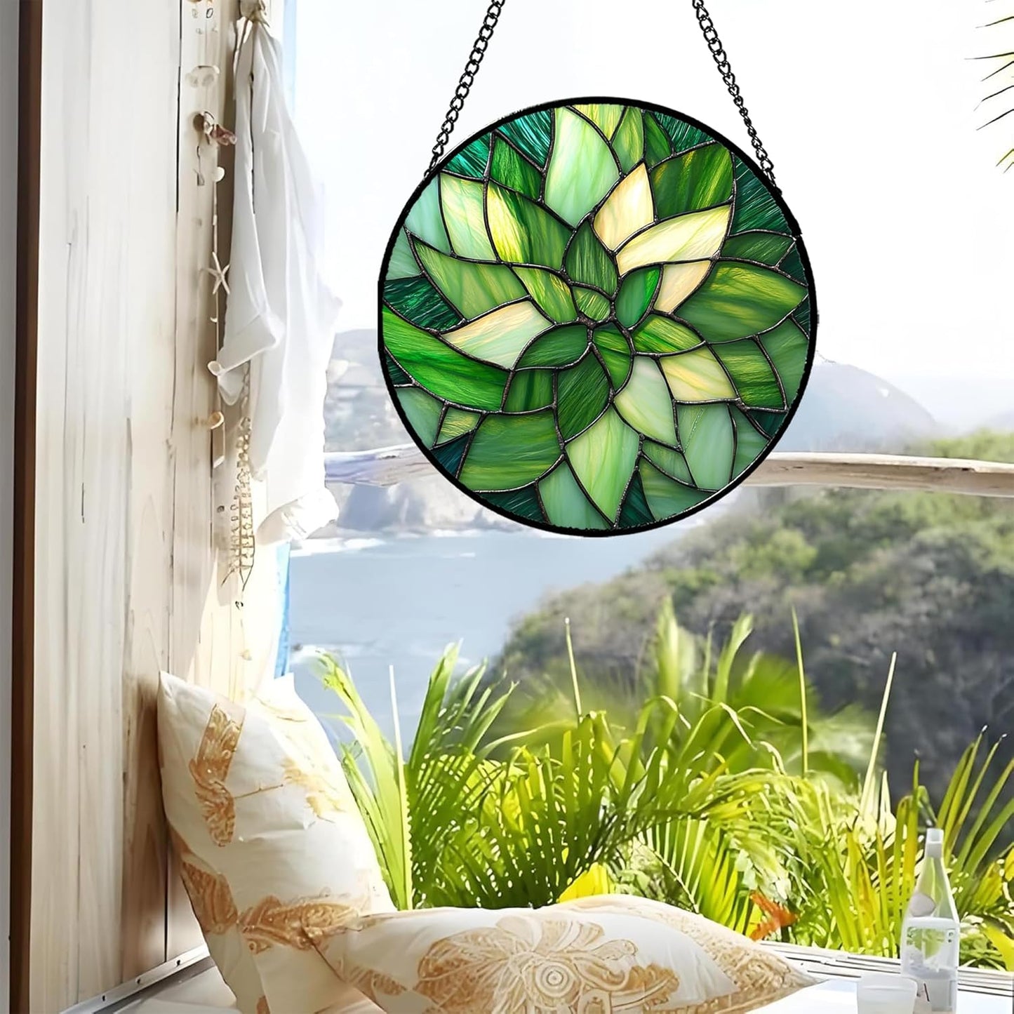 Stained Glass Window Hanging - Green Plants Suncatcher for Doors Garden Patio Flowers Sun Catchers Decor Christmas Mother's Day Birthday Gifts for Women Men Mom Nana Friend 15 in