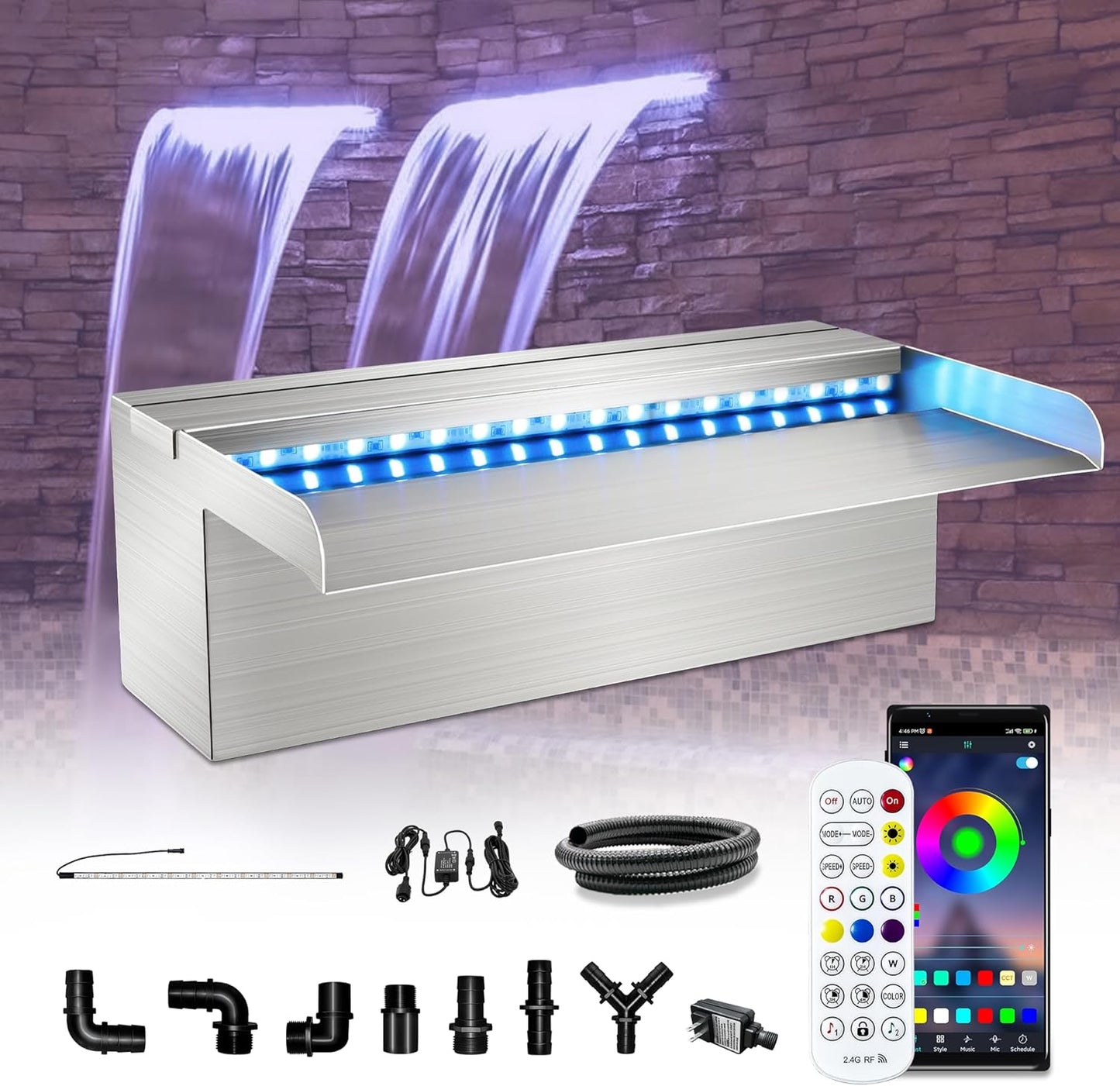 LONGRUN Waterfall Pool Fountain, Updated 5.9'' Wider Open Lip Stainless Steel Waterfall Spillway, Decorative Water Feature for Swimming Pools, Koi Ponds, Spa & Garden - 11.8''