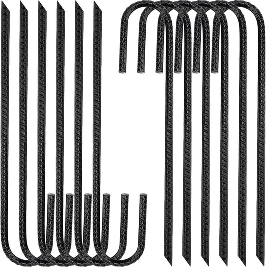 Galvanized Rebar Stakes 12 inch Heavy Duty J Hooks Ground Anchor for Fence Swing Tent (12 Pack, Black)