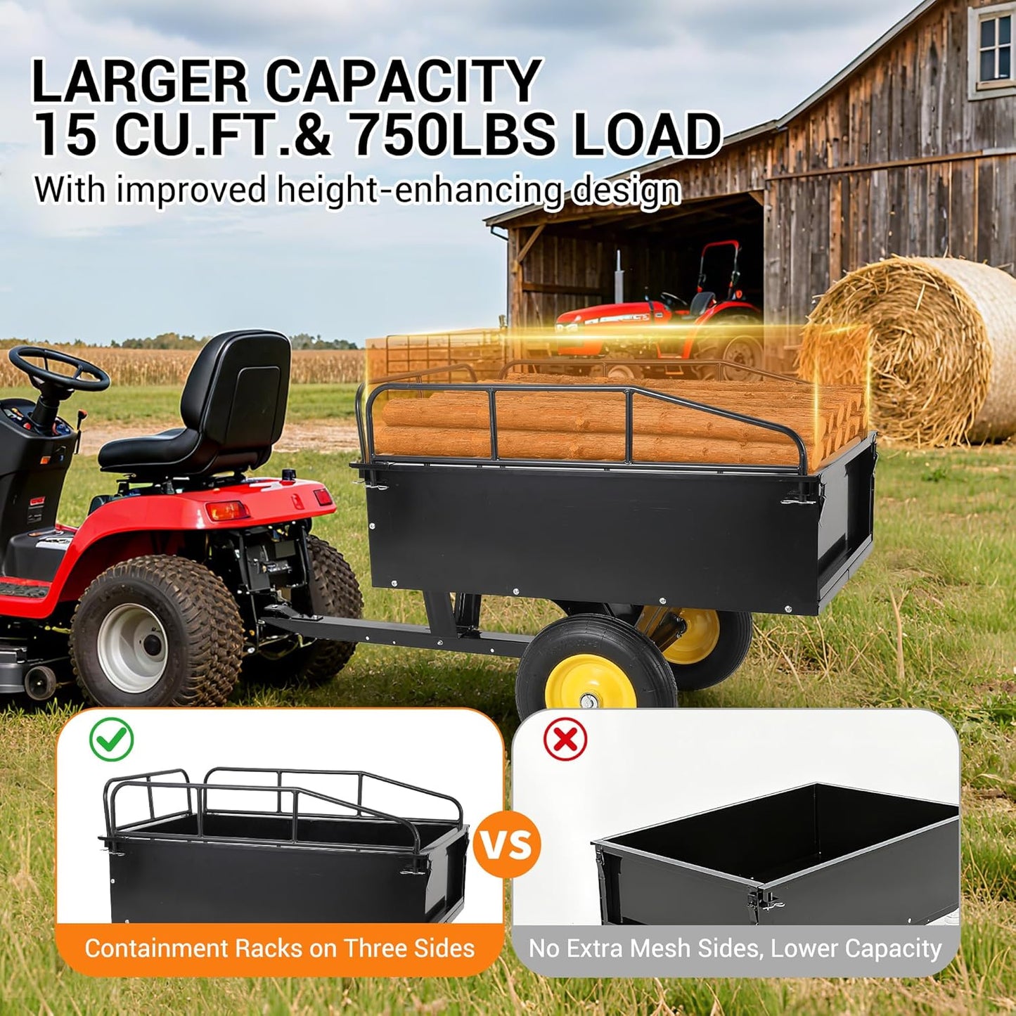 GAOMON Heavy Duty ATV Trailer Tow Behind Dump Cart, 17 Cu.Ft. 750Lbs Capacity, Pull Behind Steel Yard Wagon Dump Trailer for Tractor Lawn Mower Garden