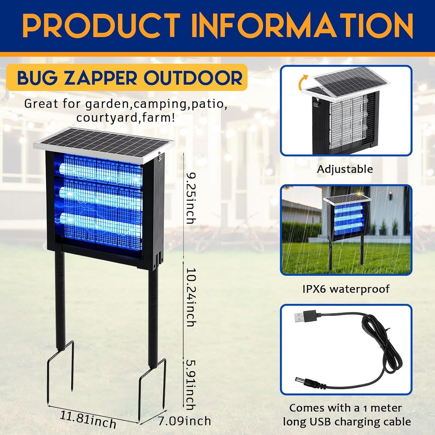 Qualirey 2 Pcs Solar Bug Zapper Outdoor Waterproof Mosquito Zapper with 3000v High Powered Rechargeable Electric Mosquito Killer with Grounding Bracket Fly Insect Trap for Patio Garden