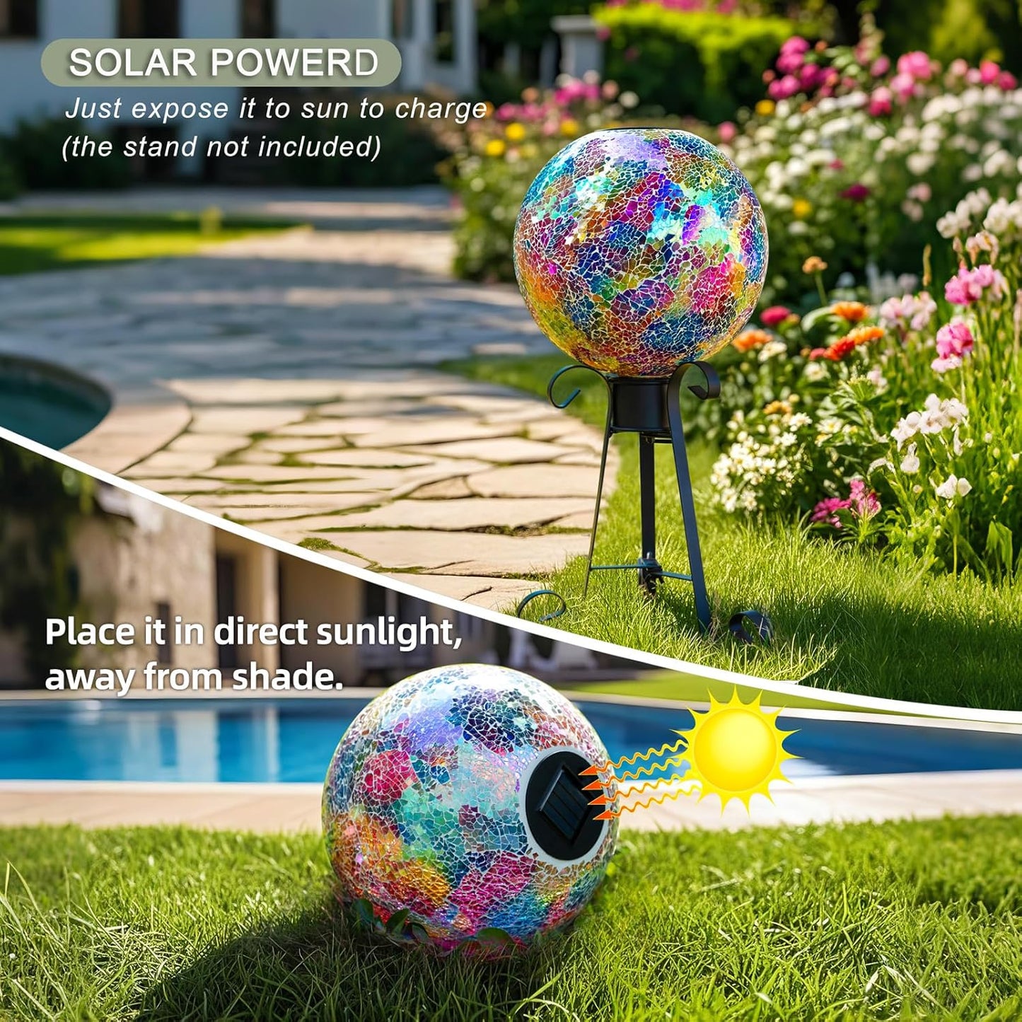 VOREEN Mosaic Solar Glass Gazing Ball, 10 Inch Colorful Gazing Globe, Handmade IP44 Waterproof Garden Decor Outdoor Ornament Sphere for Patio Lawn Yard, Gift for Mom Wife Friend