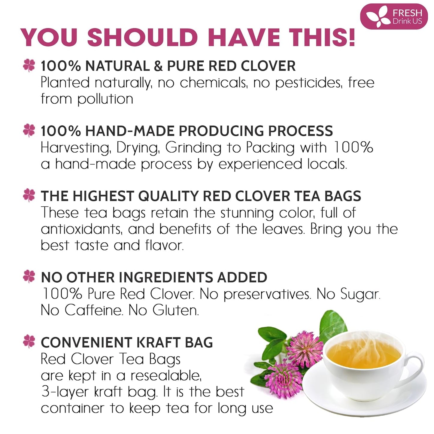 FreshDrinkUS, Premium Red Clover Herbal Tea– 135 Tea Bags – Pure – Naturally Smooth & Mild Flavor – Premium Quality, Eco-Conscious Packaging. Caffeine-Free. Gluten Free. Vegan