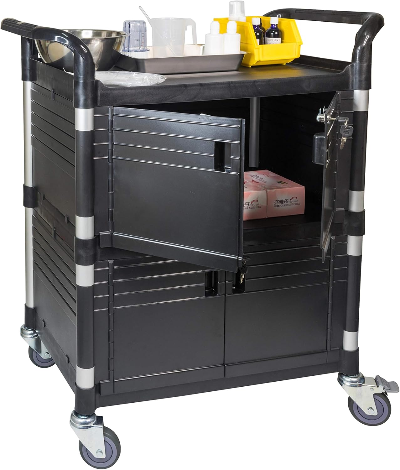 JaboEquip Commercial Heavy Duty Cabinet Rolling Medical Cart, Utility Cart, with 2 Lockable Doors Hospitality School Lab cart Service Cart, JB-3D2, Black Color