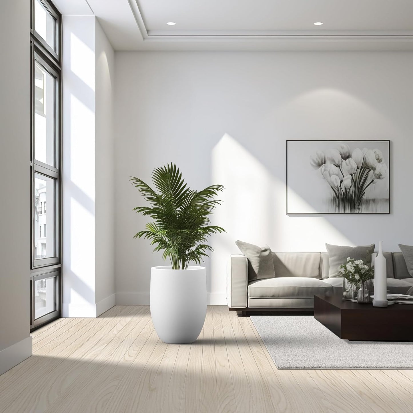 Kante 21.7 Inch Tall Concrete Planter, Large Indoor Outdoor Plant Pot with Drainage, Smooth White Finish with Aqua Blue Interior, Ideal for Porch, Home, Garden, Patio