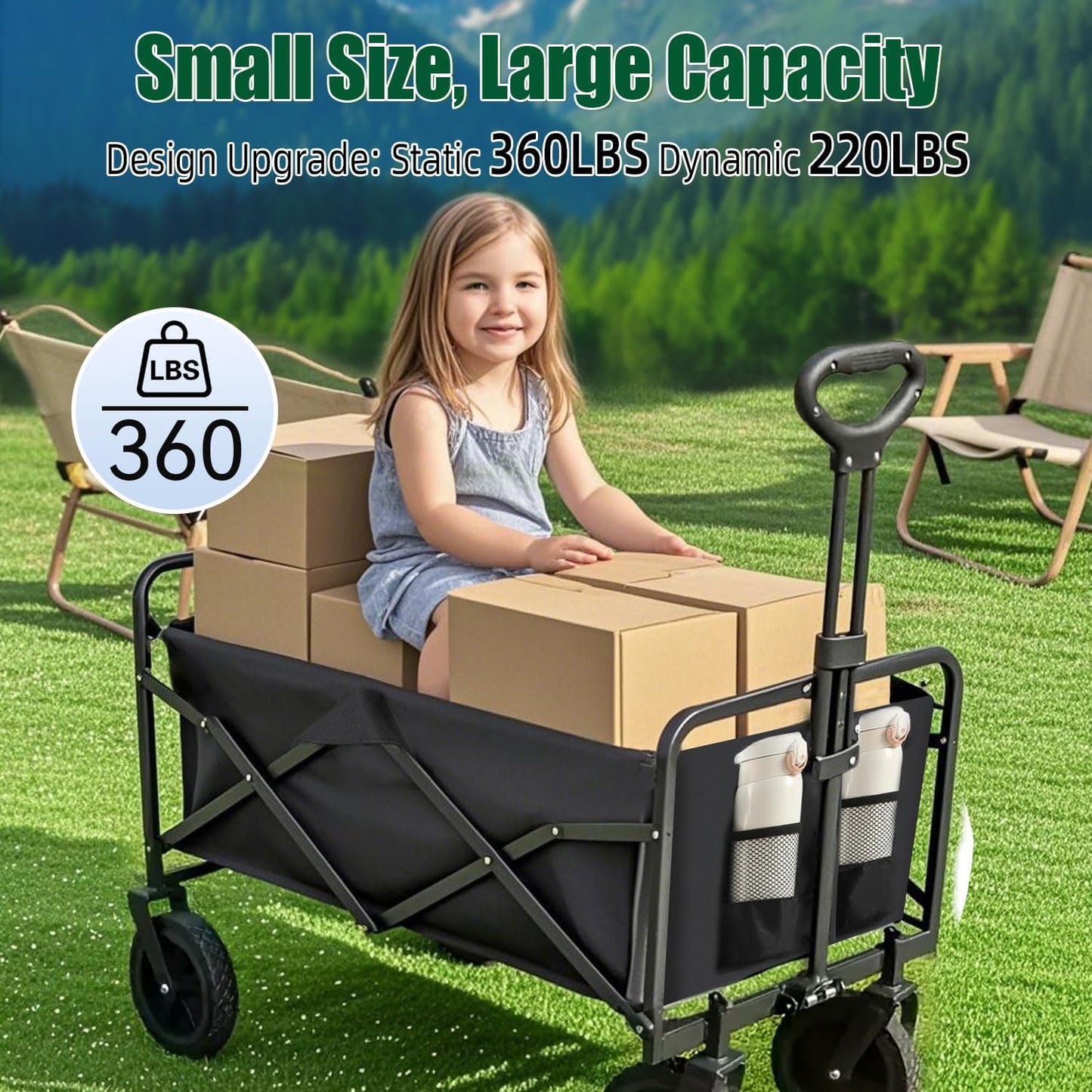 Collapsible Wagon Cart Foldable 360lbs Capacity, Lightweight Portable Beach Wagon, Shopping Carts with Wheels for Grocery, Camping, Shopping, Beach, Fishing, Garden Cart