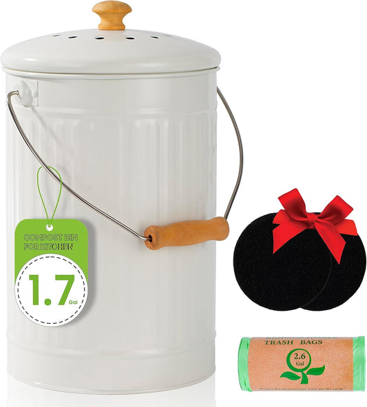 1.7 Gallon Kitchen Compost Bin, Indoor Countertop Compost Bin with Lid, 100% Rust Proof Compost Bucket with Non-Smell Charcoal Filters (White)